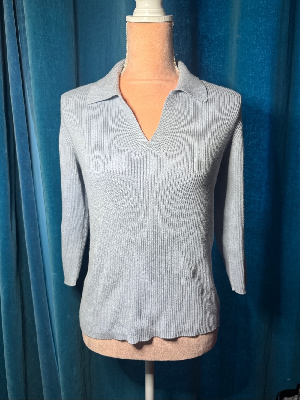 Light Blue Collared V-Neck Ribbed Women's Sweater
